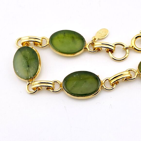 Translucent Nephrite Jade Gold Filled Link Bracelet Vintage 7.25 In - Picture 2 of 5